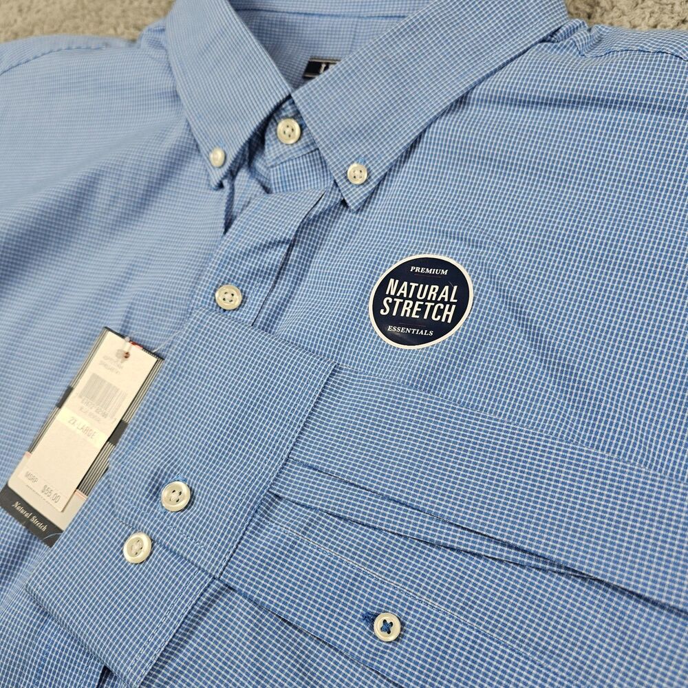 Izod Shirt Mens 2XL Blue Grid Check Button Up Pocket Stretch Casual Preppy NWT